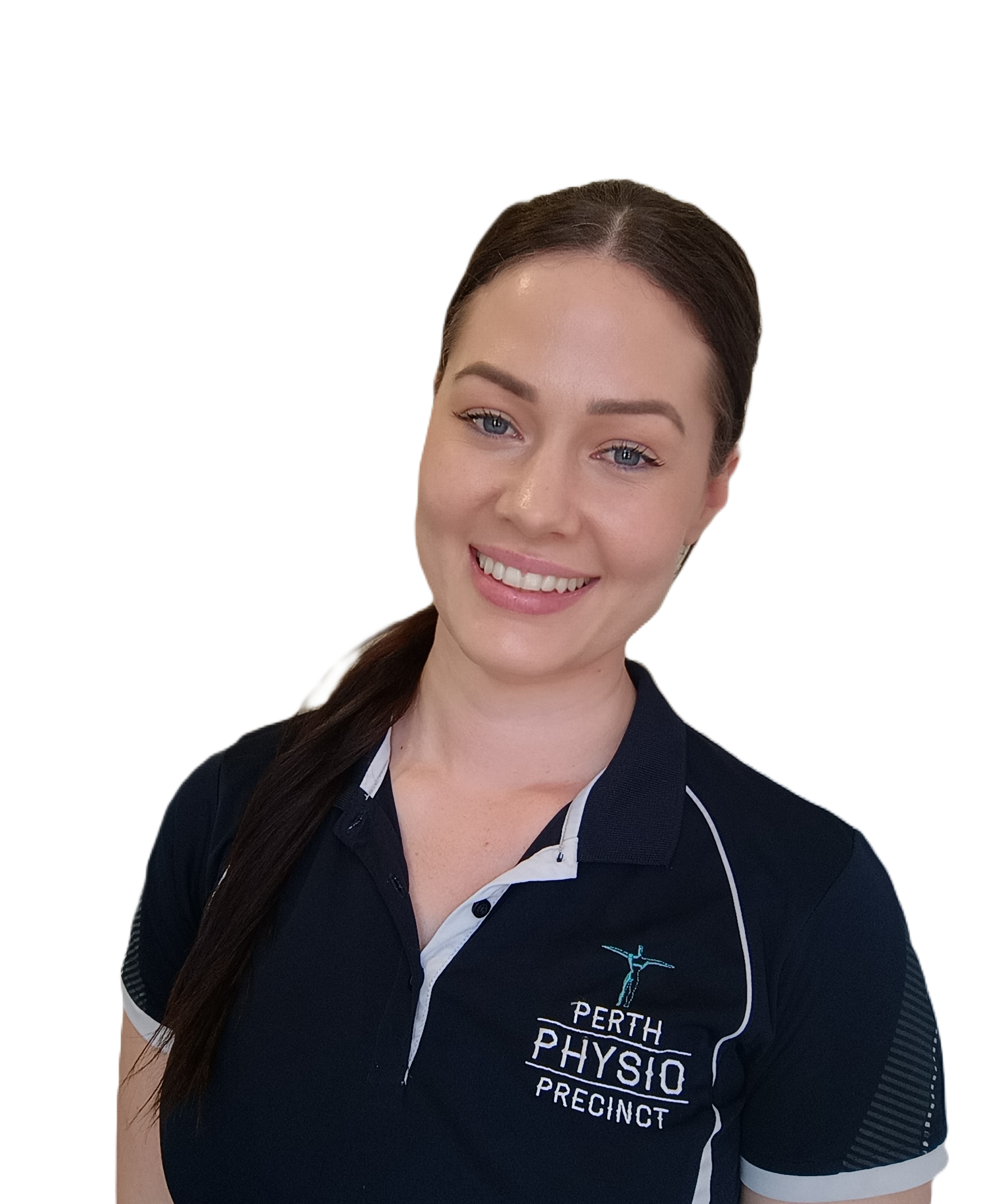 Woman wearing a dark blue polo shirt smiles, logo 
