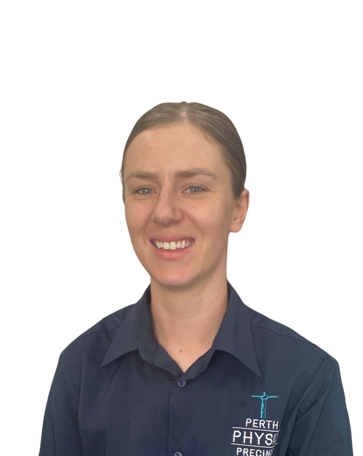 Woman with light skin wearing a dark blue shirt smiles, logo on the bottom right.