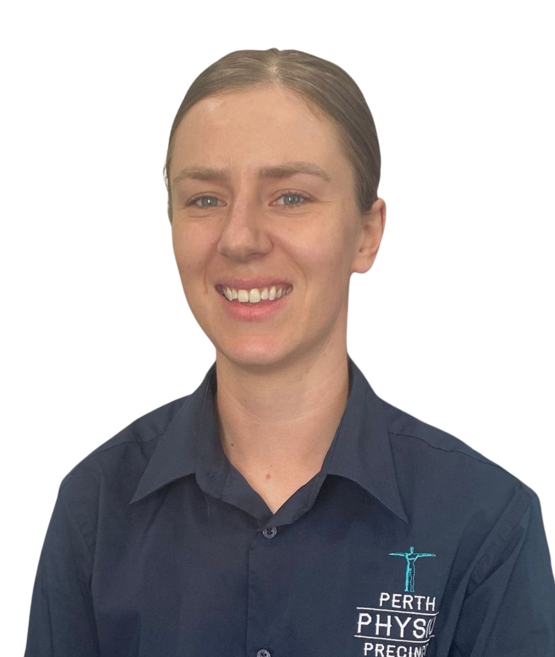 Woman smiling, wearing a dark blue shirt with logo, Perth Physio.