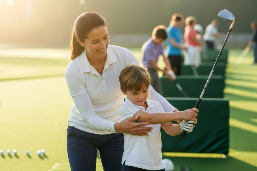 Golf instructor helping a child swing a club on a sunny driving range