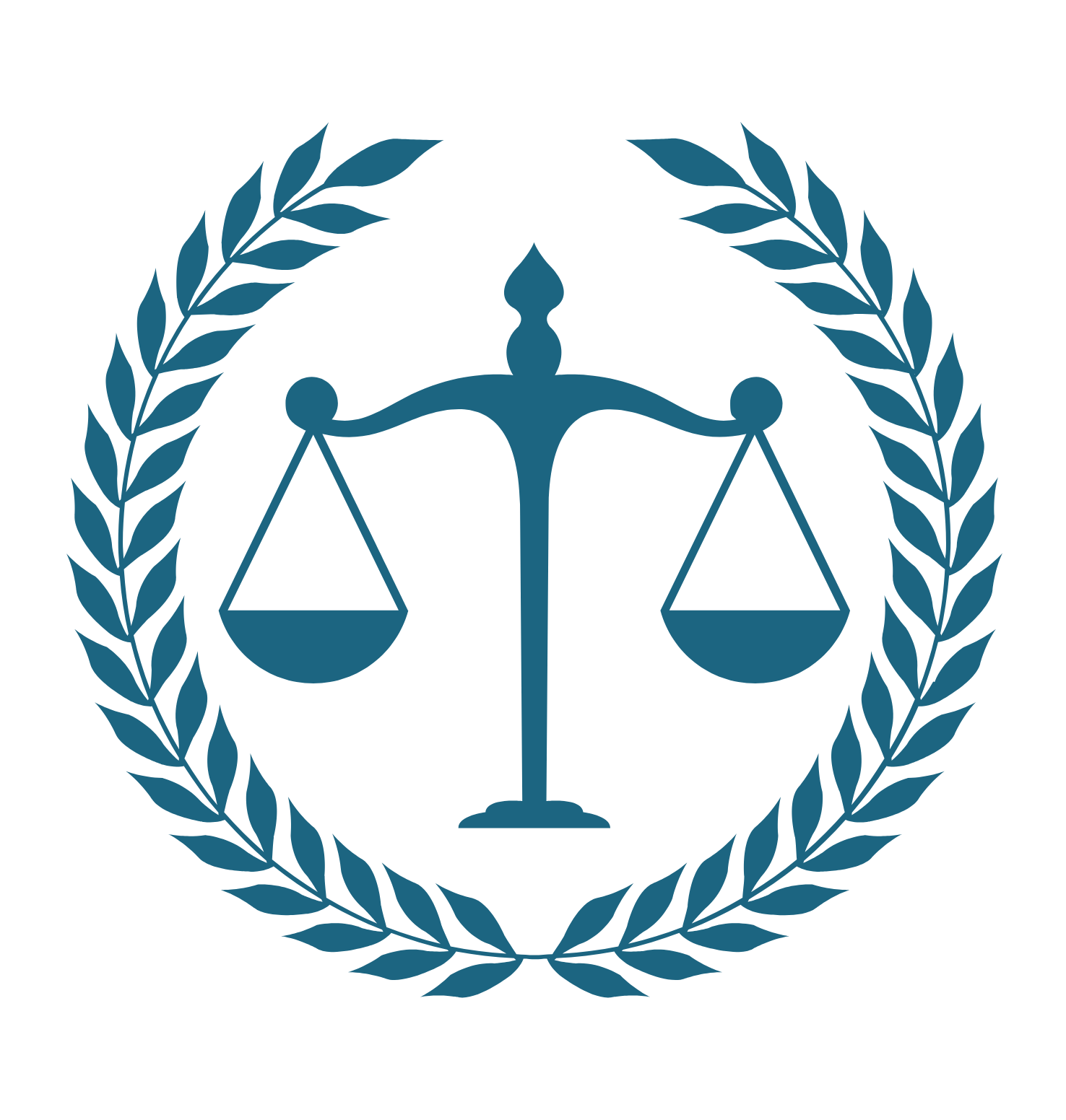 Blue justice scales inside a laurel wreath emblem