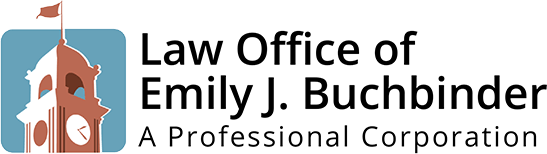 Logo for Law Office of Emily J. Buchbinder, with a teal courthouse icon and black text on white background