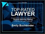 Top-rated lawyer award graphic with Emily Buchbinder and Super Attorneys rating in blue tones