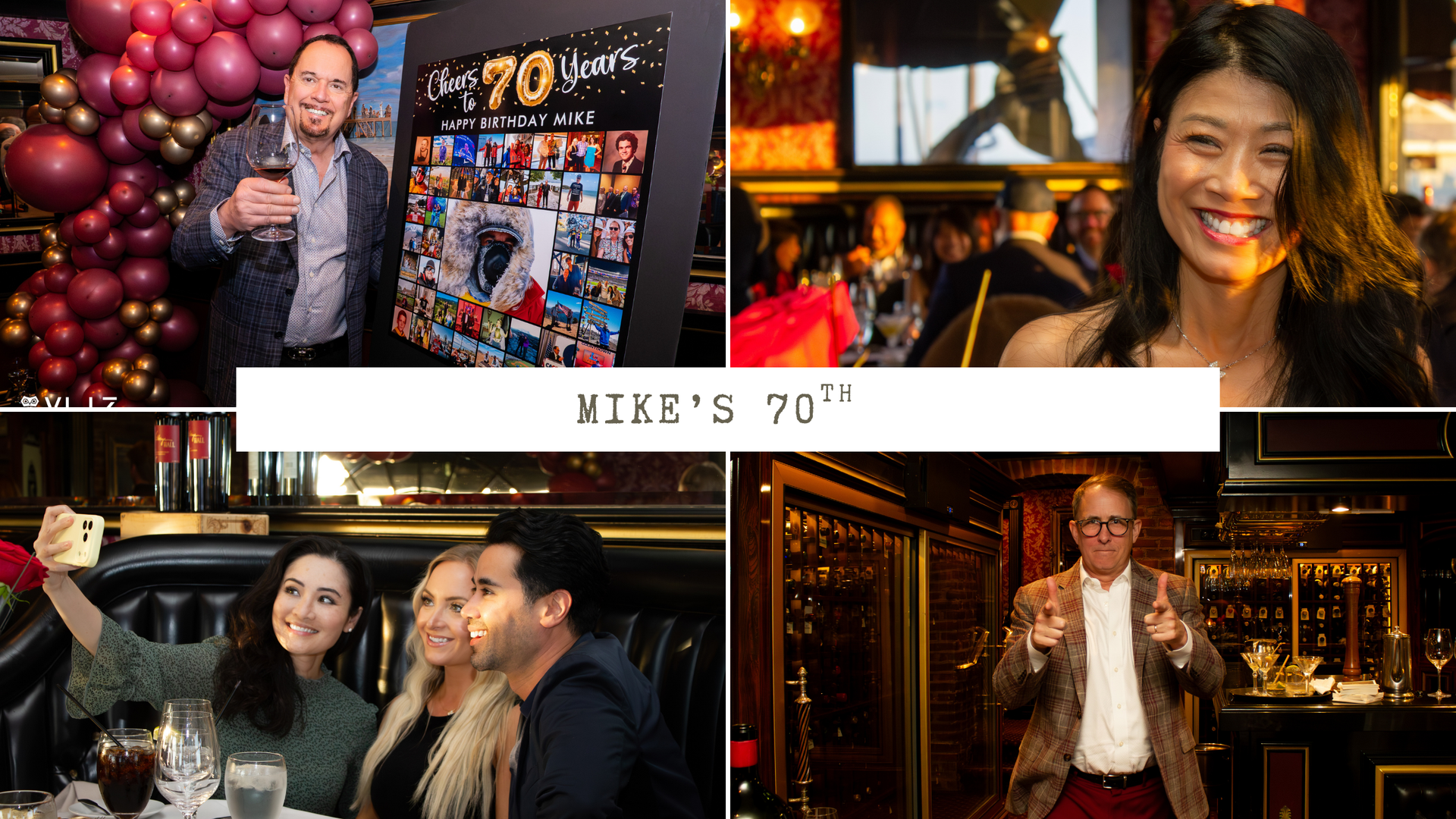 Collage of party photos at “Mike’s 70,” with people smiling amid balloons and an event poster