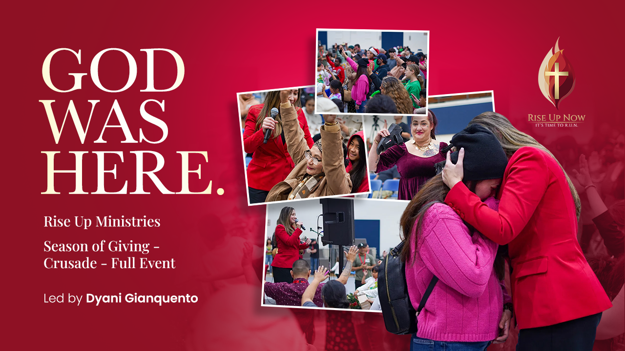 “Season of Giving Crusade hosted by Rise Up Now Ministries, showing prayer, worship, and ministry mo