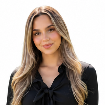 Portrait of a smiling person with long wavy blond hair, wearing a black blouse on a white background