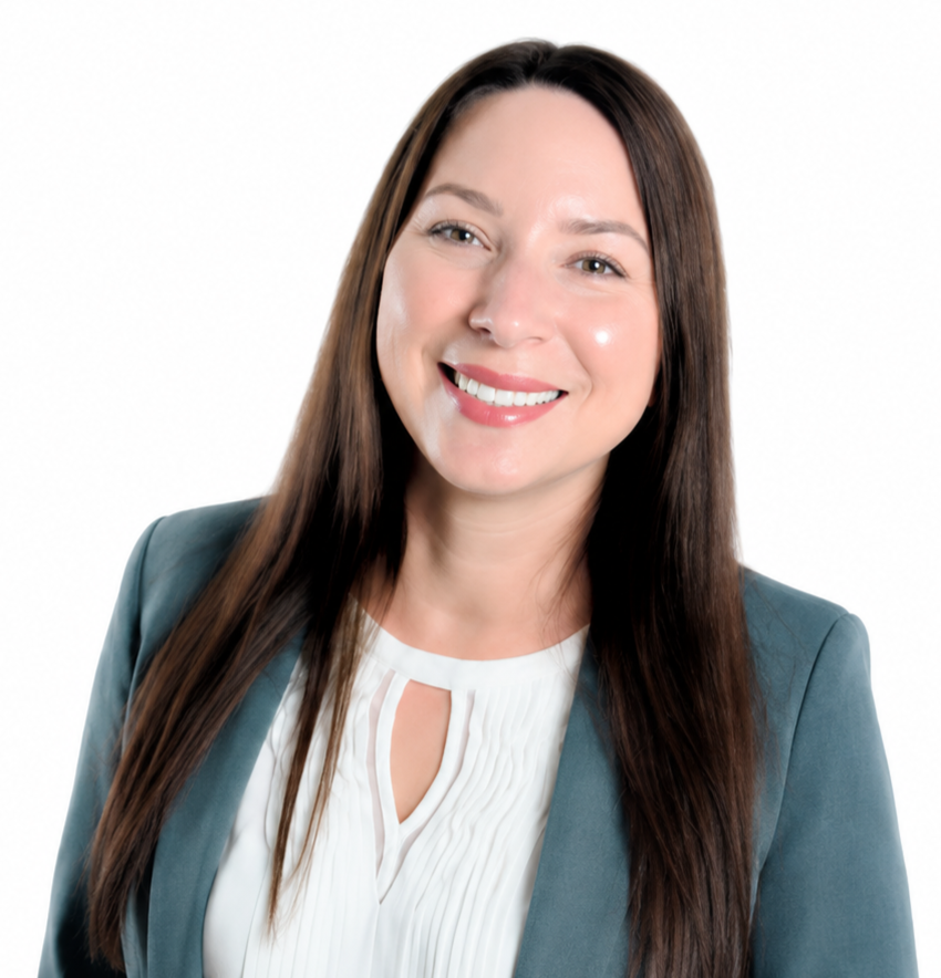 Smiling woman with long dark hair in a teal blazer and white blouse against a white background