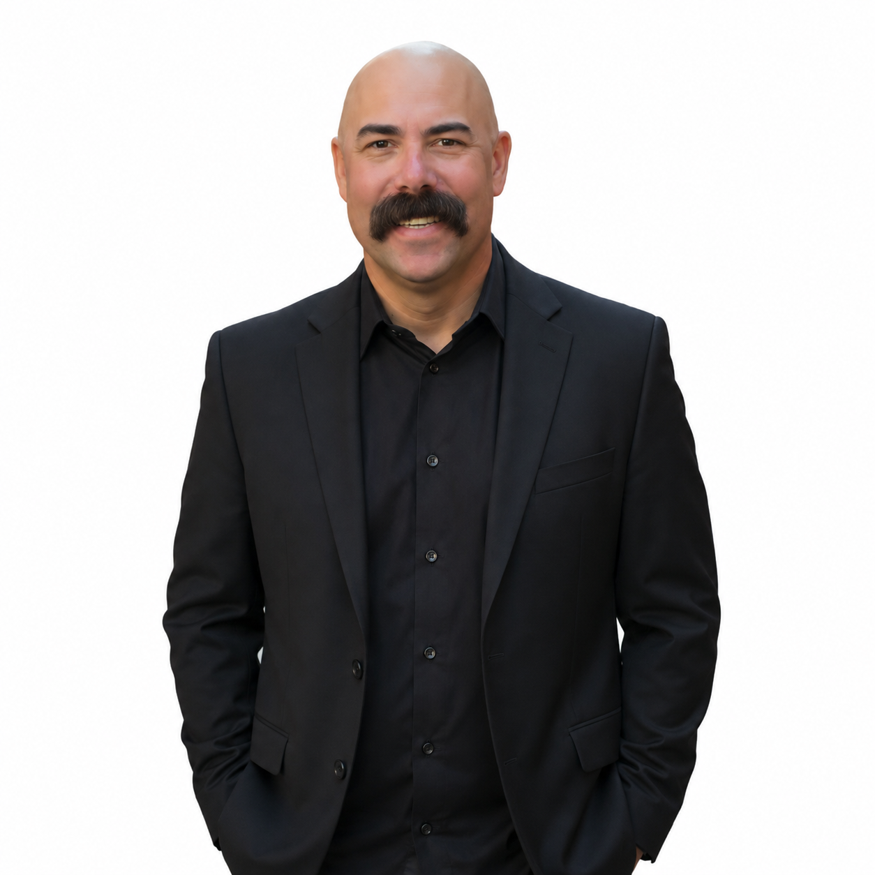 Man in black suit and shirt standing against a white background, hands in pockets, smiling.