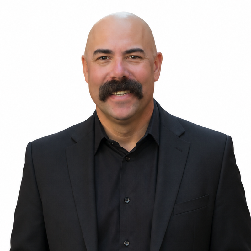 Portrait of a bald man with a thick mustache in a black shirt and blazer on a white background