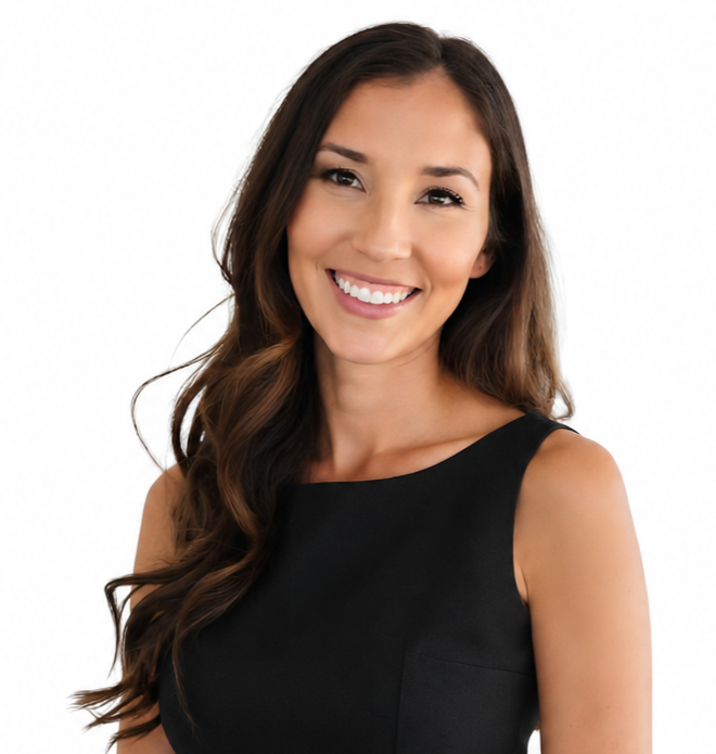 Smiling woman in a black sleeveless top against a white background
