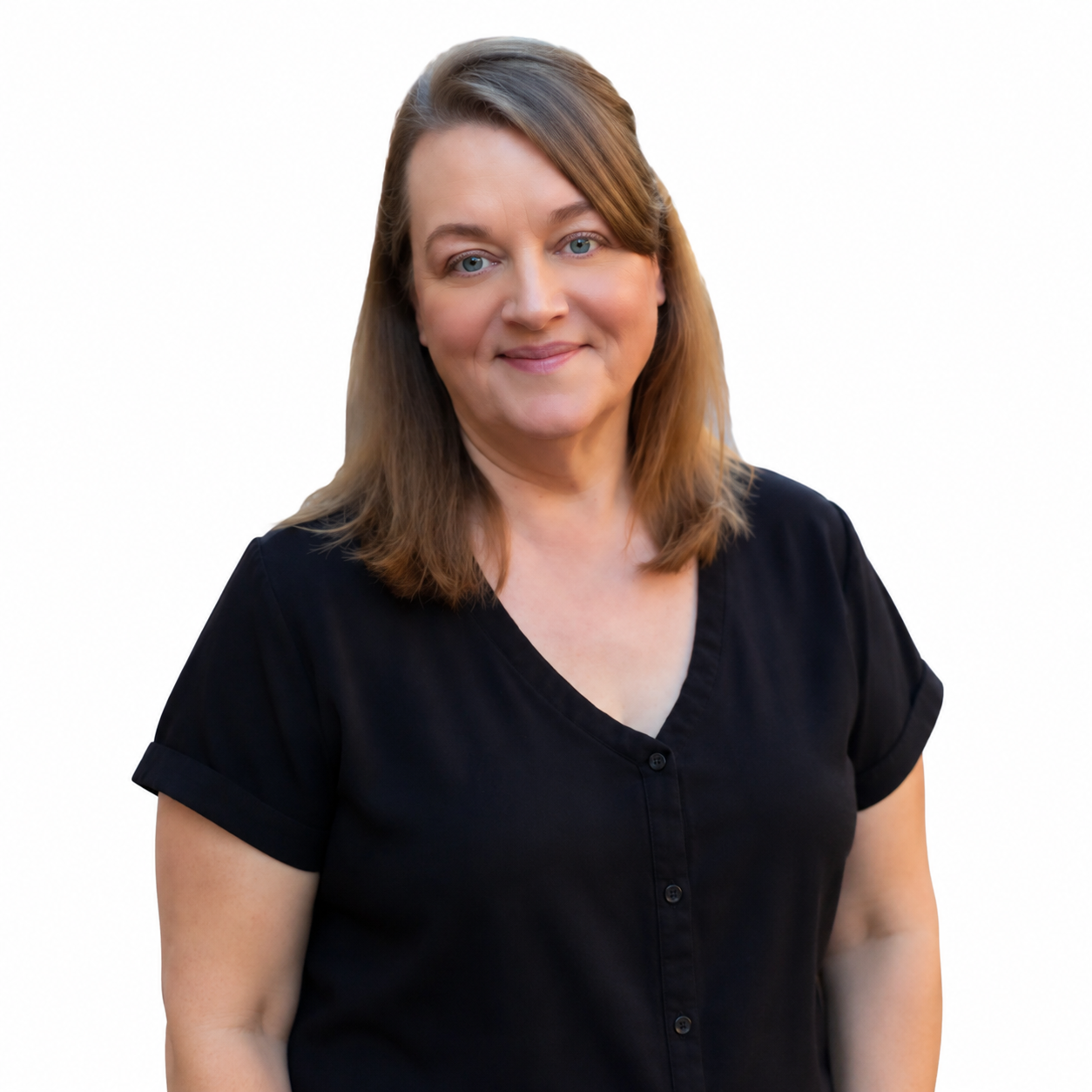 Smiling woman in a black V-neck top against a white background