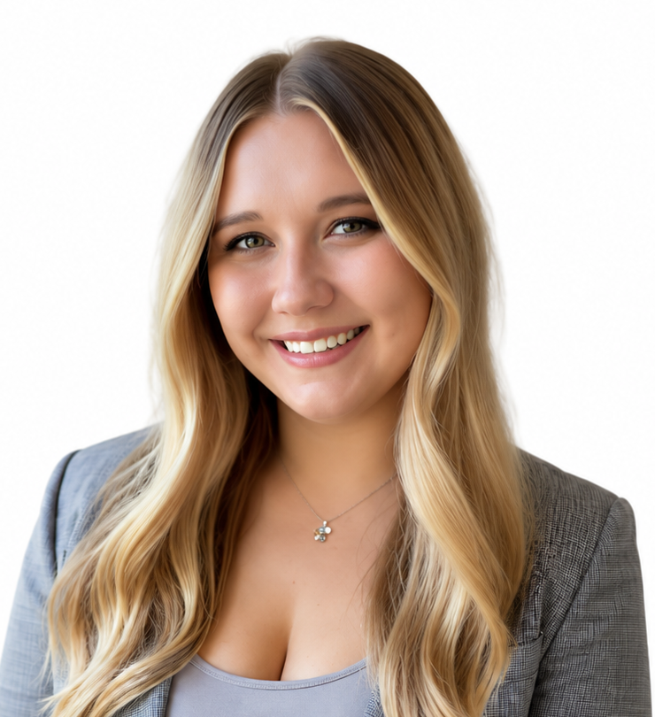 Smiling woman with long blonde hair wearing a gray blazer against a white background