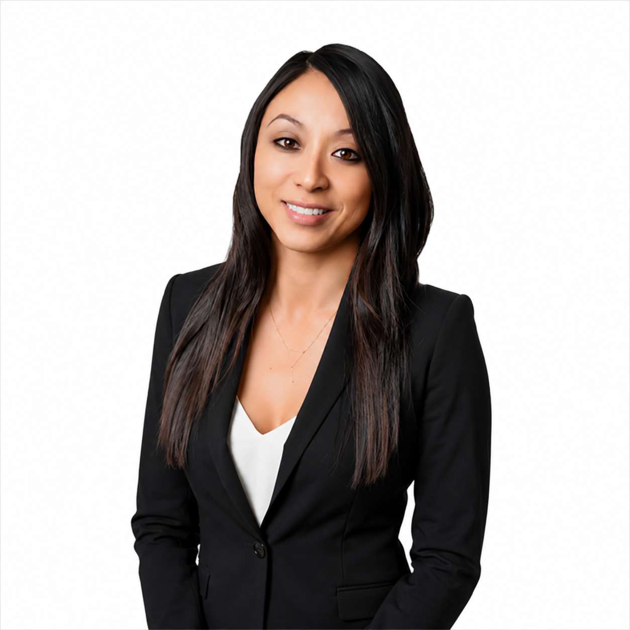 Professional woman in a black blazer and white blouse, smiling against a white background