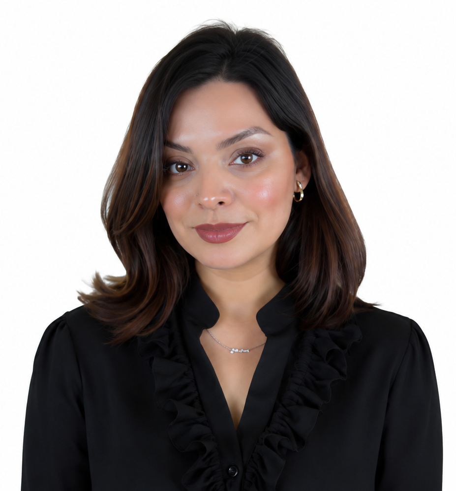 Portrait of a woman with shoulder-length dark hair wearing a black blouse on a white background