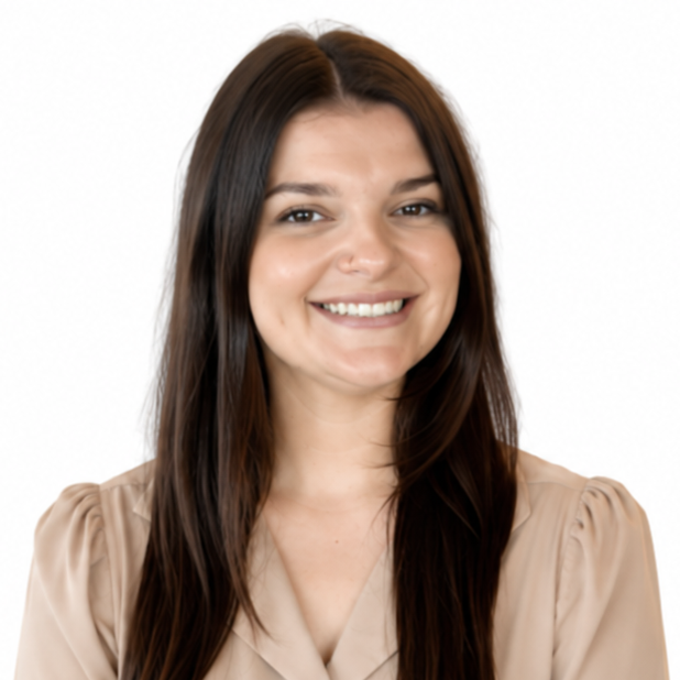 Smiling woman with long dark hair in a beige blouse against a white background