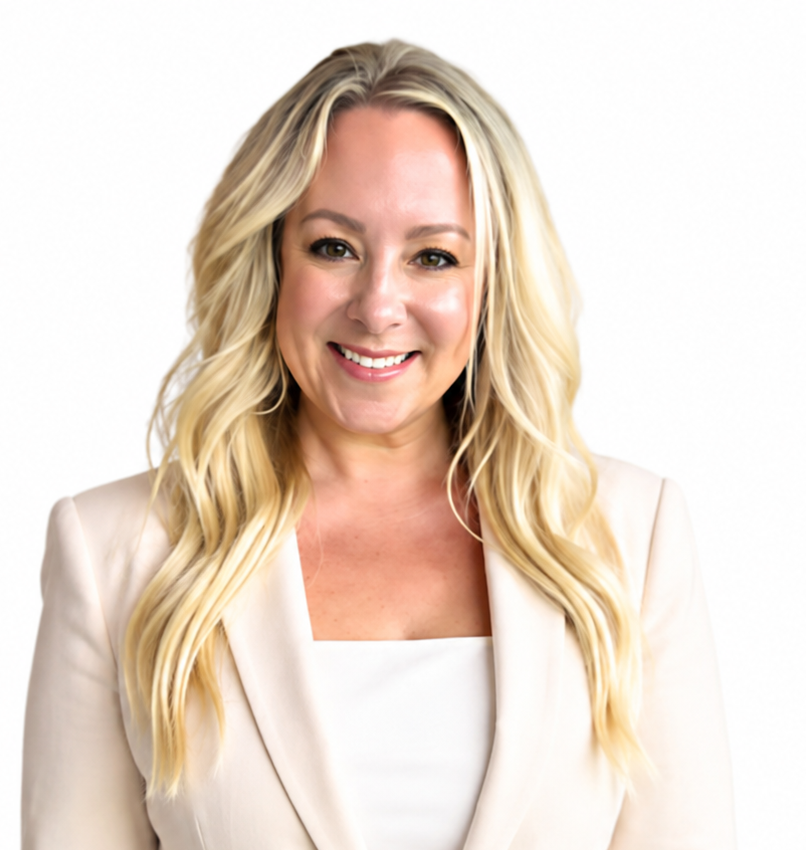 Smiling blonde woman in a white blazer against a white background