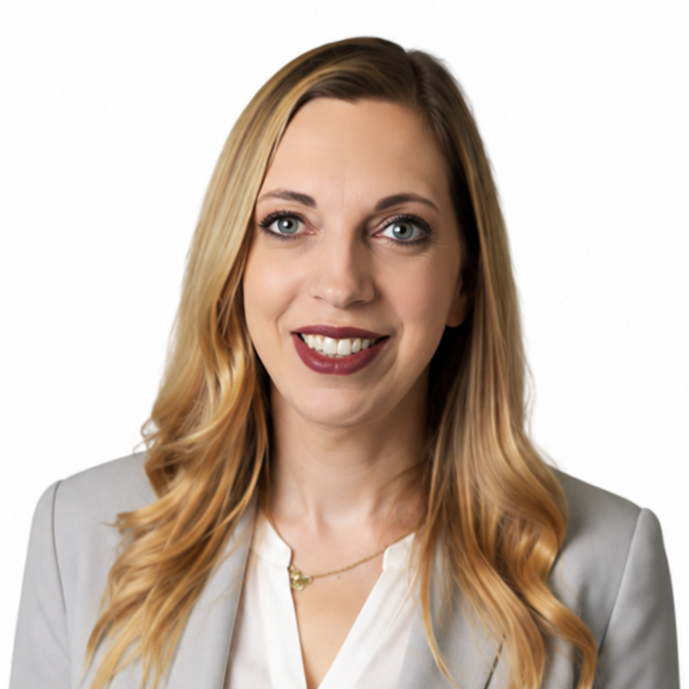 Studio headshot of a smiling woman with long blonde hair, wearing a light gray blazer and white blouse.