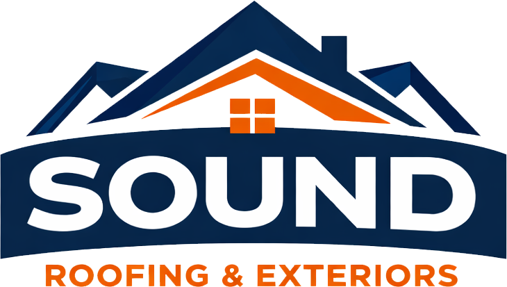Logo for Sound Roofing & Exteriors: house silhouette in blue/orange above white text on a blue banner.