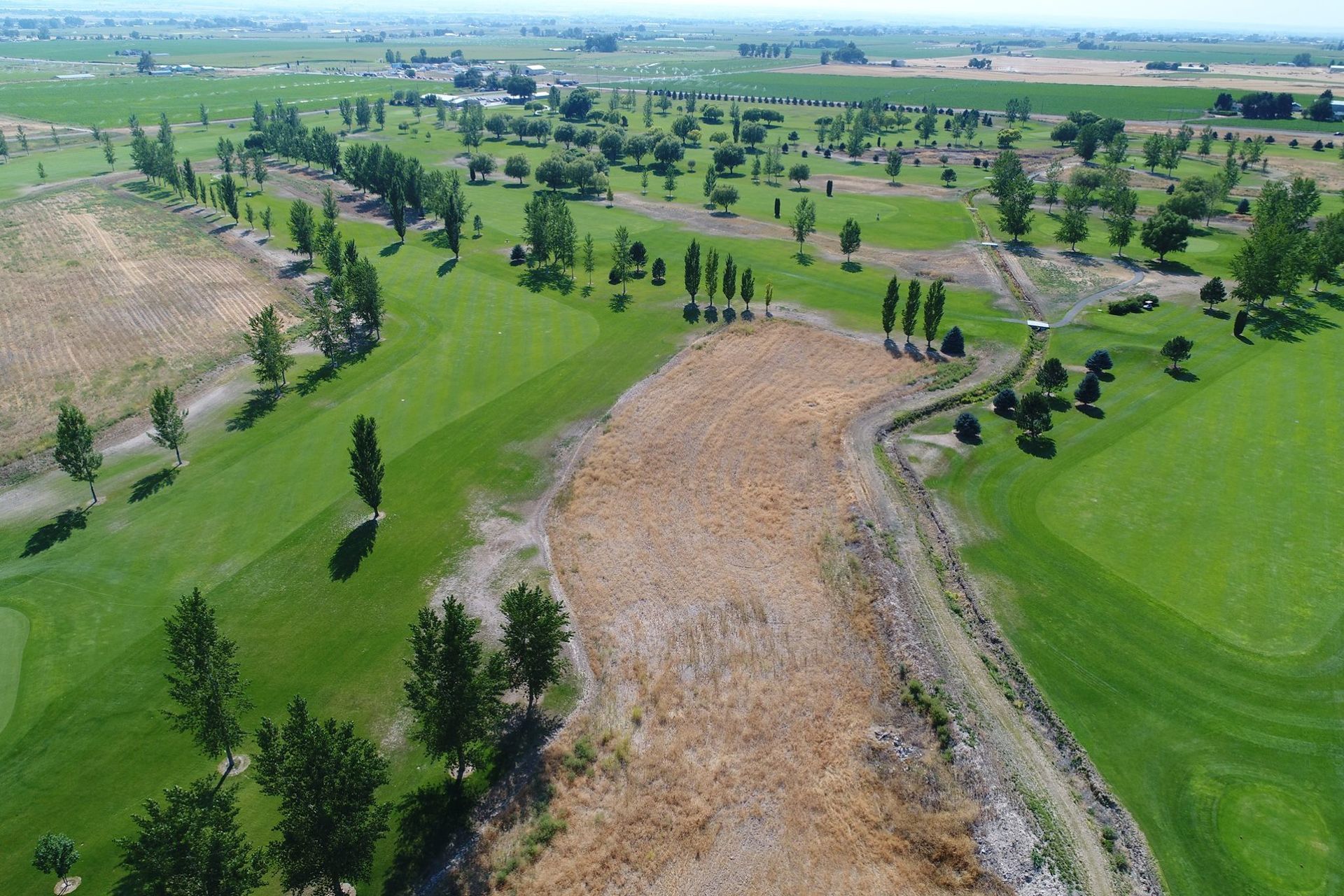Aerial view of a green golf course with fairways, trees, and a dry brown strip along a winding path