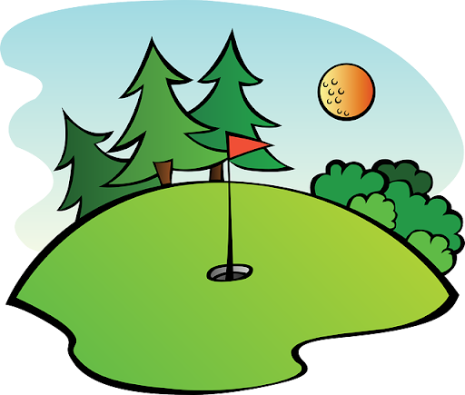Cartoon golf green with flagstick, pine trees, bushes, and a sun in the sky