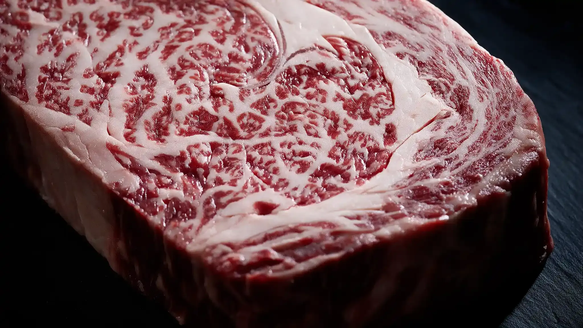 Dense marbling in a fullblood Wagyu steak