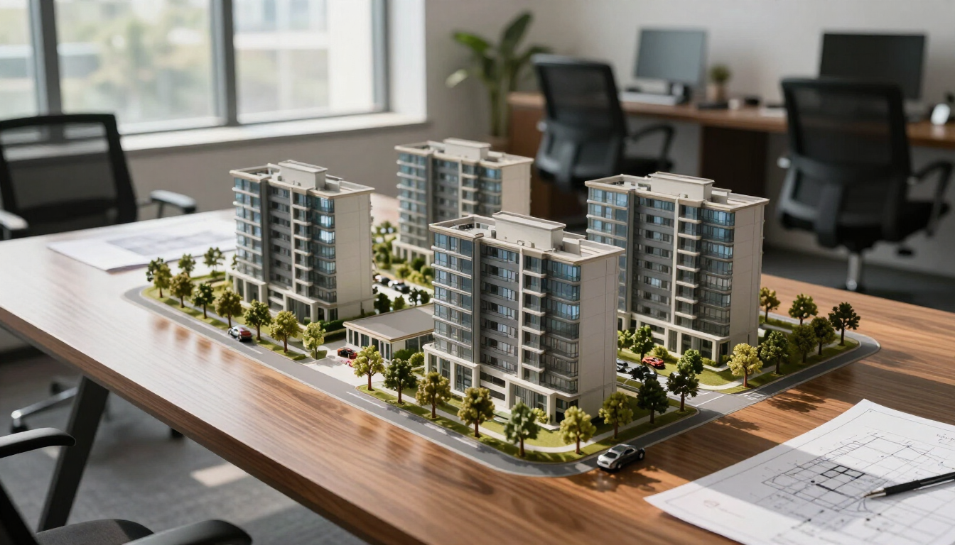 Modelo arquitectónico de vivienda sobre planos en Colombia