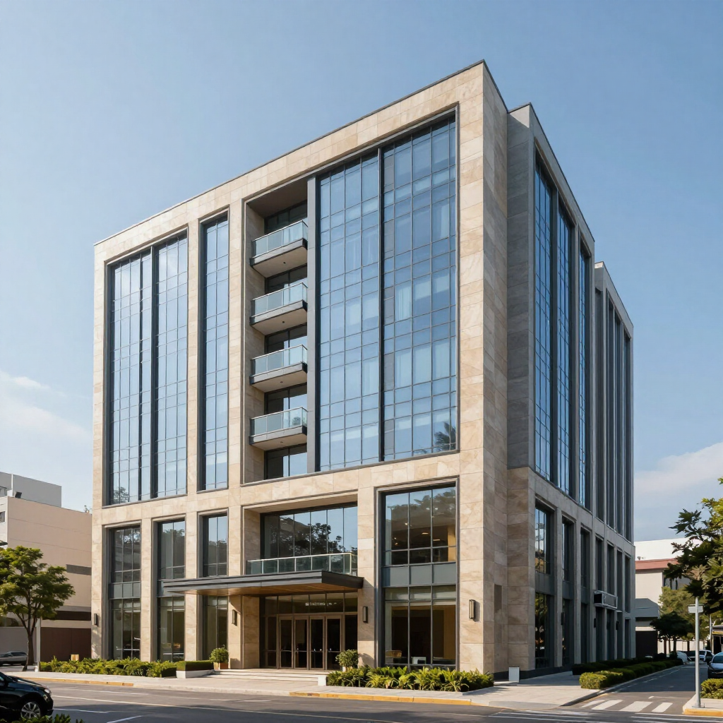 Edificio de oficinas moderno de cristal con detalles de piedra beige en una esquina soleada.