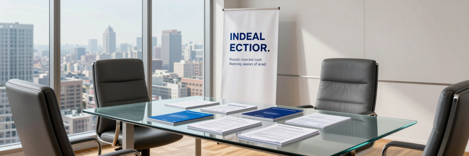 Sala de conferencias moderna con mesa de cristal, sillas negras, vistas a la ciudad y un póster de “IDEALCTION”.