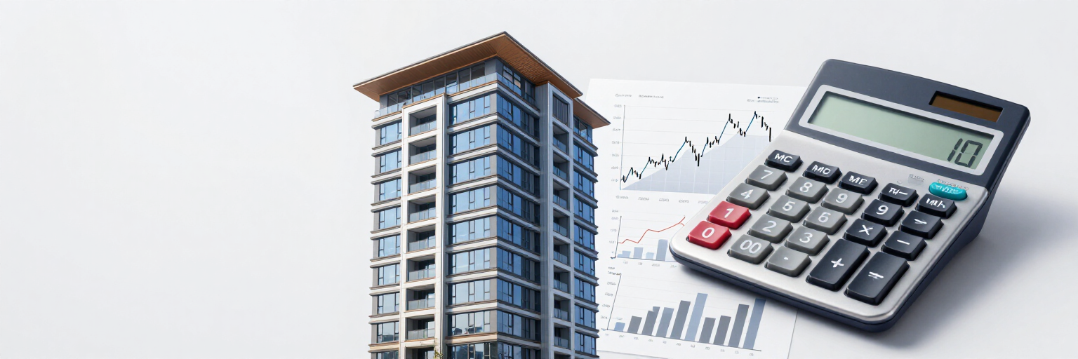 Edificio de gran altura junto a una calculadora y gráficos financieros, lo que sugiere contabilidad inmobiliaria.