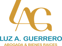 Logo de LUZ A. GUERRERO con monograma dorado “AG” y texto azul “ABOGADA & BIENES RAICES”
