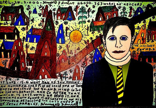 A colorful painting depicts a man in a suit overlaid on a town scene with text, a bright sun, and a religious inscription.