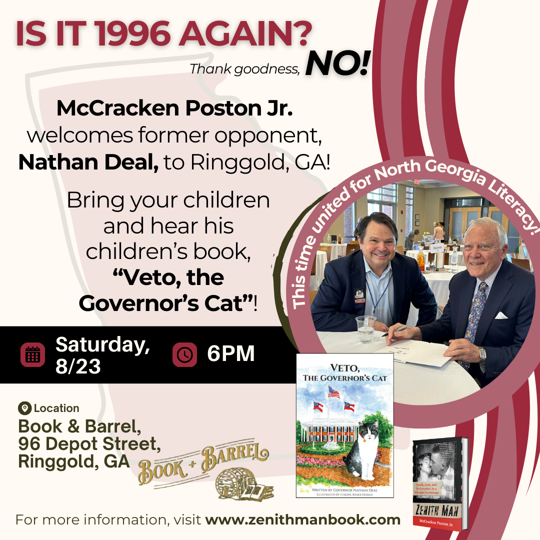 Political event flyer with McCracken Poston Jr. welcoming Nathan Deal in Ringgold, GA for a children's book reading.