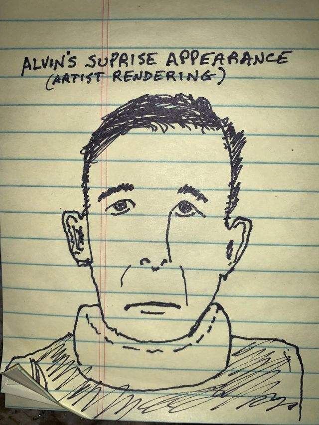 Sketch of Alvin's face, labeled "Surprise Appearance." He has a neutral expression, drawn on lined paper.