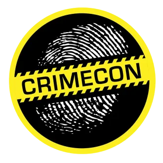 CrimCon logo: black fingerprint with yellow caution stripe and circular yellow border
