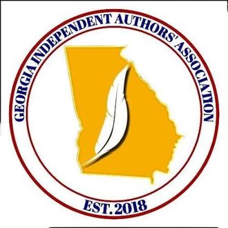 Logo for Georgia Independent Authors' Association, with Georgia map, white quill, and EST. 2018 in red and gold