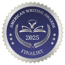 American Writing Awards 2025 finalist seal with blue center and silver border