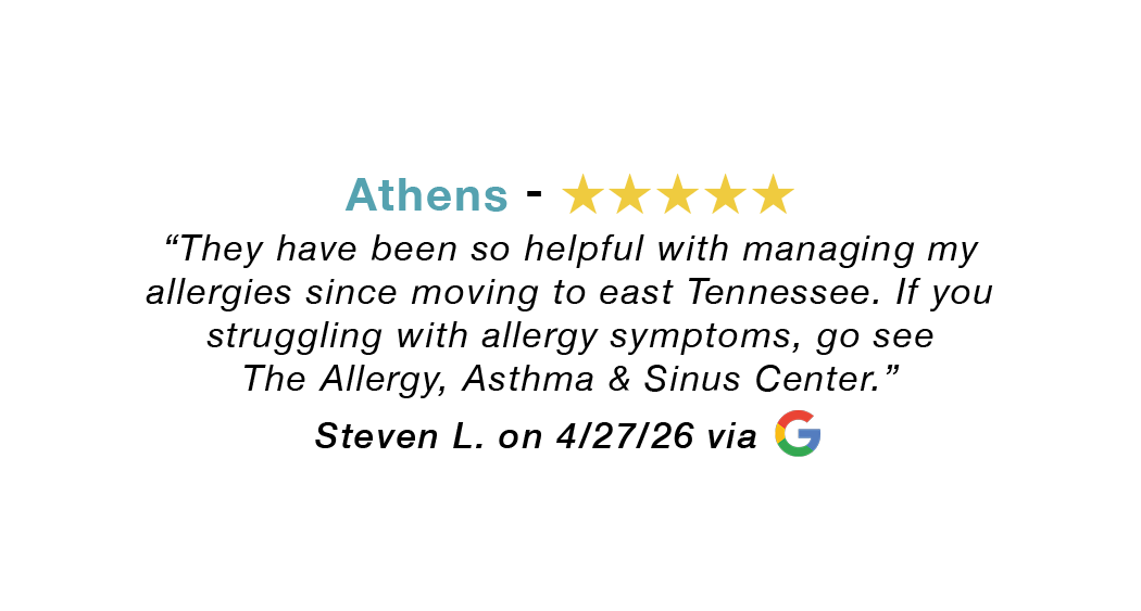 5-star Google review for our Athens allergy clinic: They have been so helpful with managing my allergies since moving to East Tennessee.