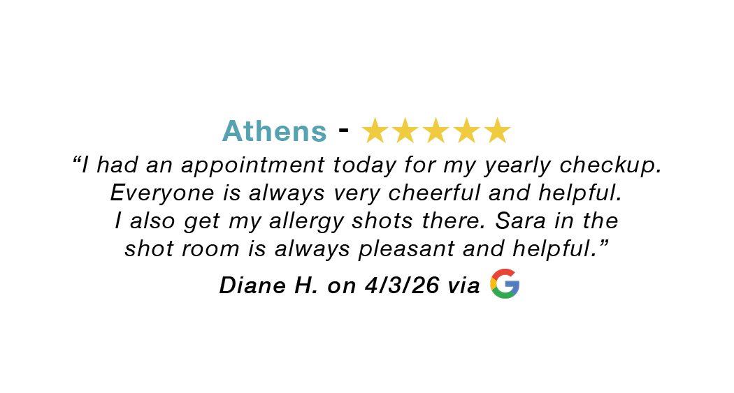 5-star Google review for our Athens allergy clinic: I had an appointment today for my yearly checkup. Everyone is always very cheerful and helpful.