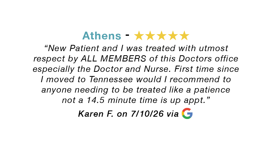 Athens 5 star google review: New patient and I was treated with the utmost respect by all members of the office. Would recommend to anyone needing to be treated.