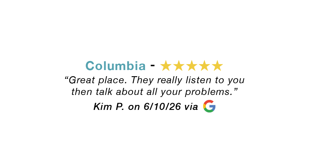 Columbia 5-star review quote praising great price and helpful customer service.