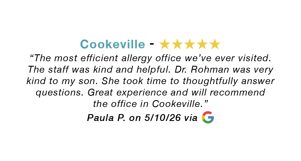 TN clinic five-star review. The most efficient allergy office. Dr. Rohman took time. Recommend the office in Cookeville.
