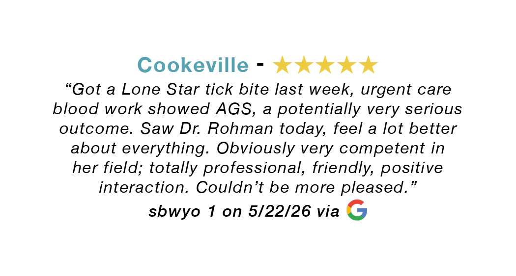 Google review for Cookeville: 5-star praising fast, pleasant service. Praising Dr. Rohman for making patient feel comfortable