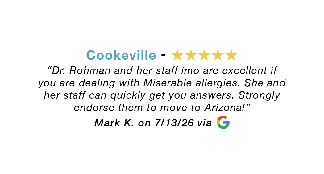 Cookeville 5-star review: Dr. Rohman and staff are excellent. She and her staff can quickly get you answers. 