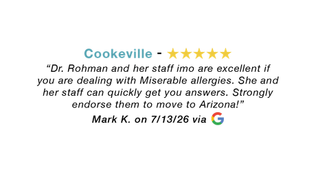 5-star Google review for our Cookeville allergy clinic: Clean environment. Short wait time. Doctor and staff knowledgeable, very friendly, and comforting.