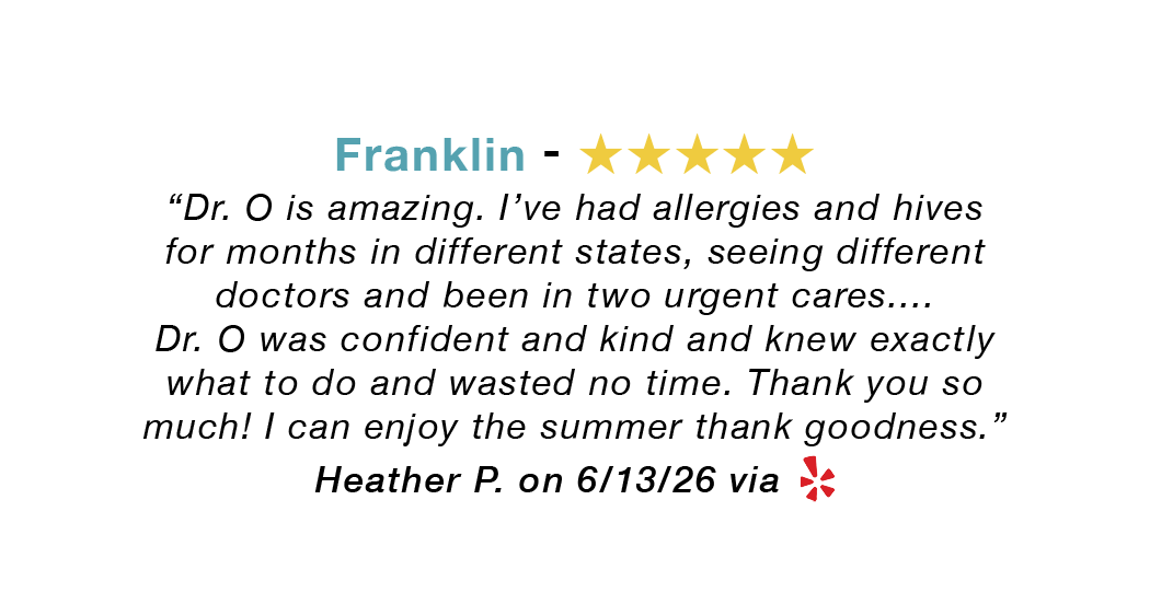 Franklin Tennessee five-star yelp review: Dr. O is amazing. He was confident and kind and knew exactly what to do. Can enjoy summer!