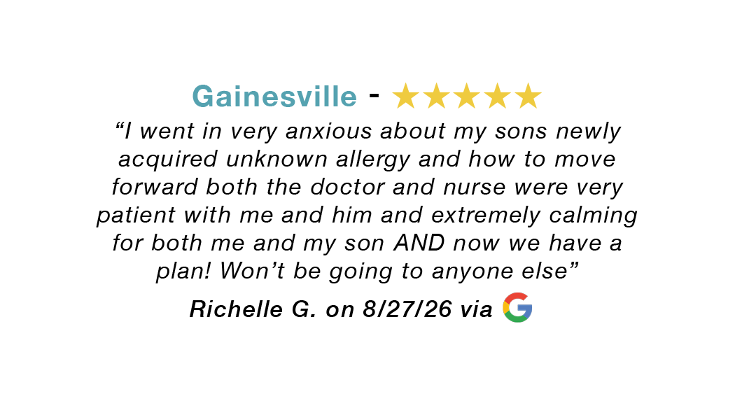 Gainesville 5-star review: Both doctor and nurse were very patients and extremely calming for both me and my son. Won't be going anywhere else.