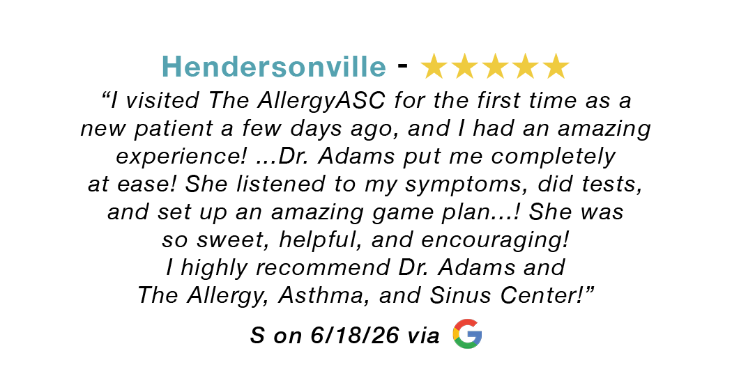 Google review for Hendersonville: five stars and praise for The Allergy, Asthma, and Sinus Center.