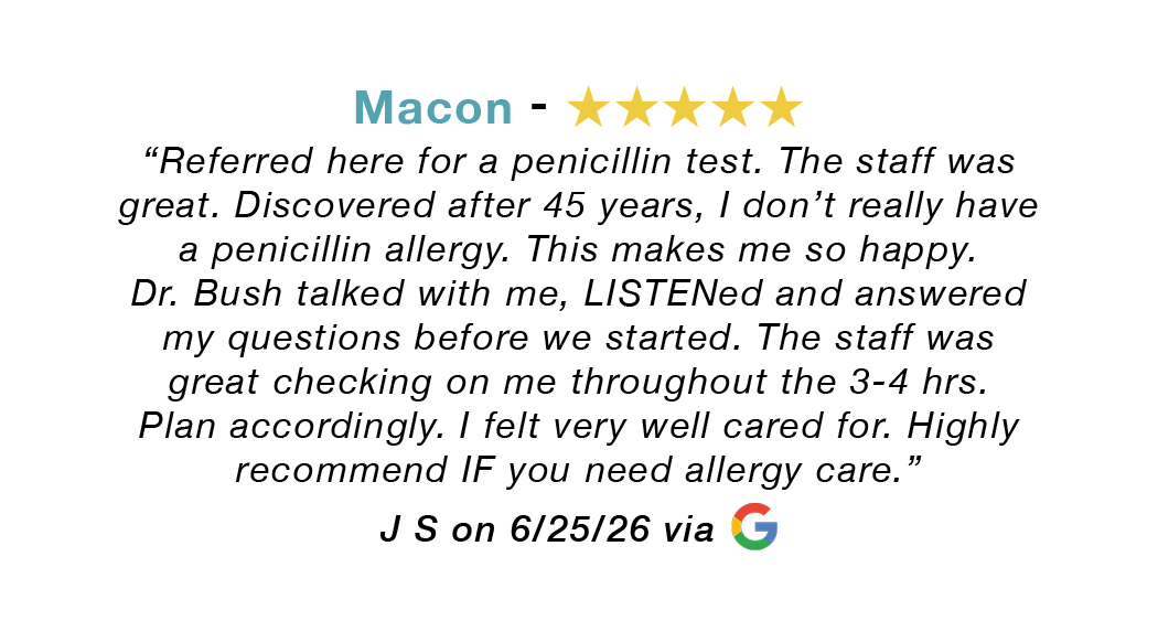 Macon GA 5-star review: Staff was great. Dr. Bush talked and actually listened. Feel very well cared for. Highly recommend.