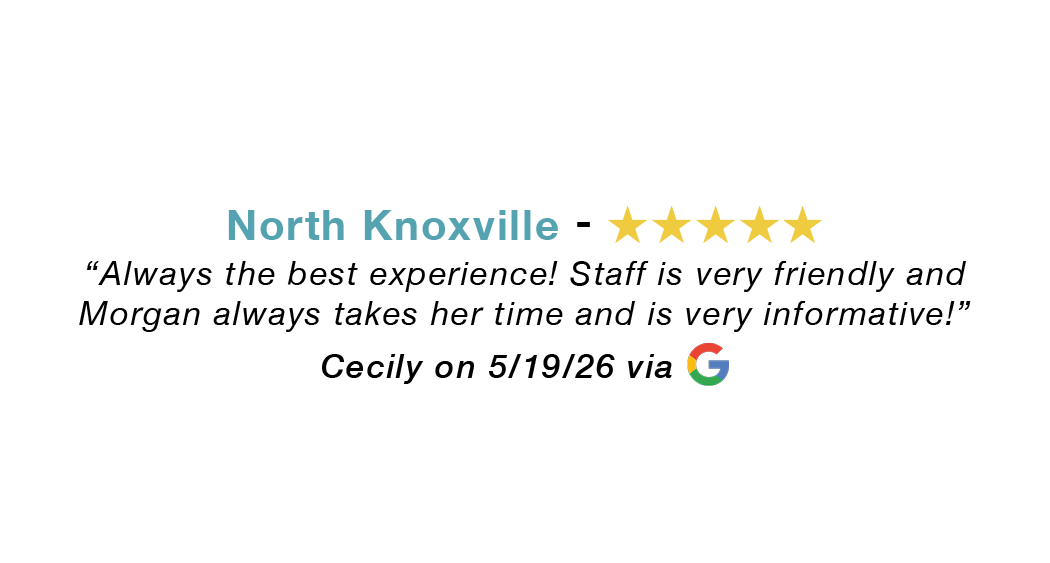 5-star Google review for our North Knoxville allergy clinic: Always the best experience! Staff is very friendly and Morgan always takes her time!