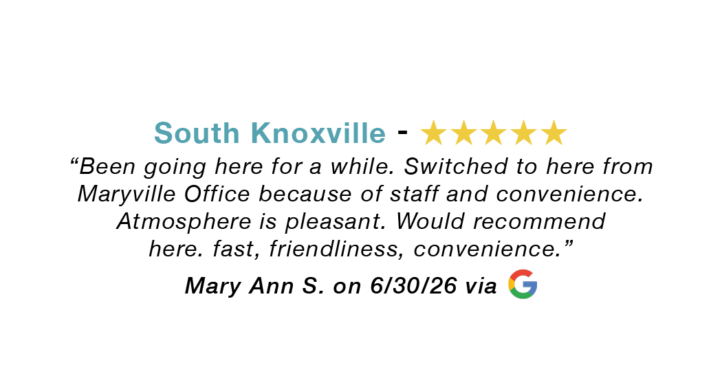 South Knoxville 5 star google review: Atmosphere is pleasant. Would recommend here. Fast. Friendliness. Convenient.